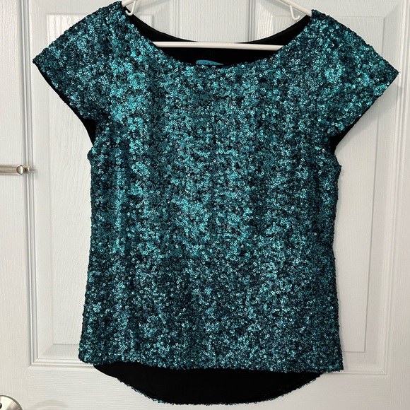 Alice + Olivia Teal Blue Sequined Short Sleeve Top Size XS - Picture 1 of 5